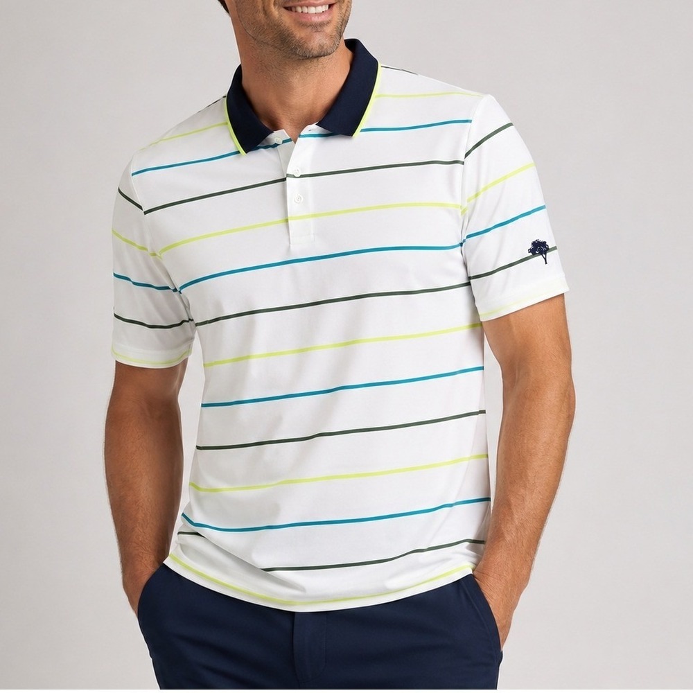 GFORE Striped Golf Polo Tech Jersey‎ Mens L White Lime Teal Country Club Preppy
